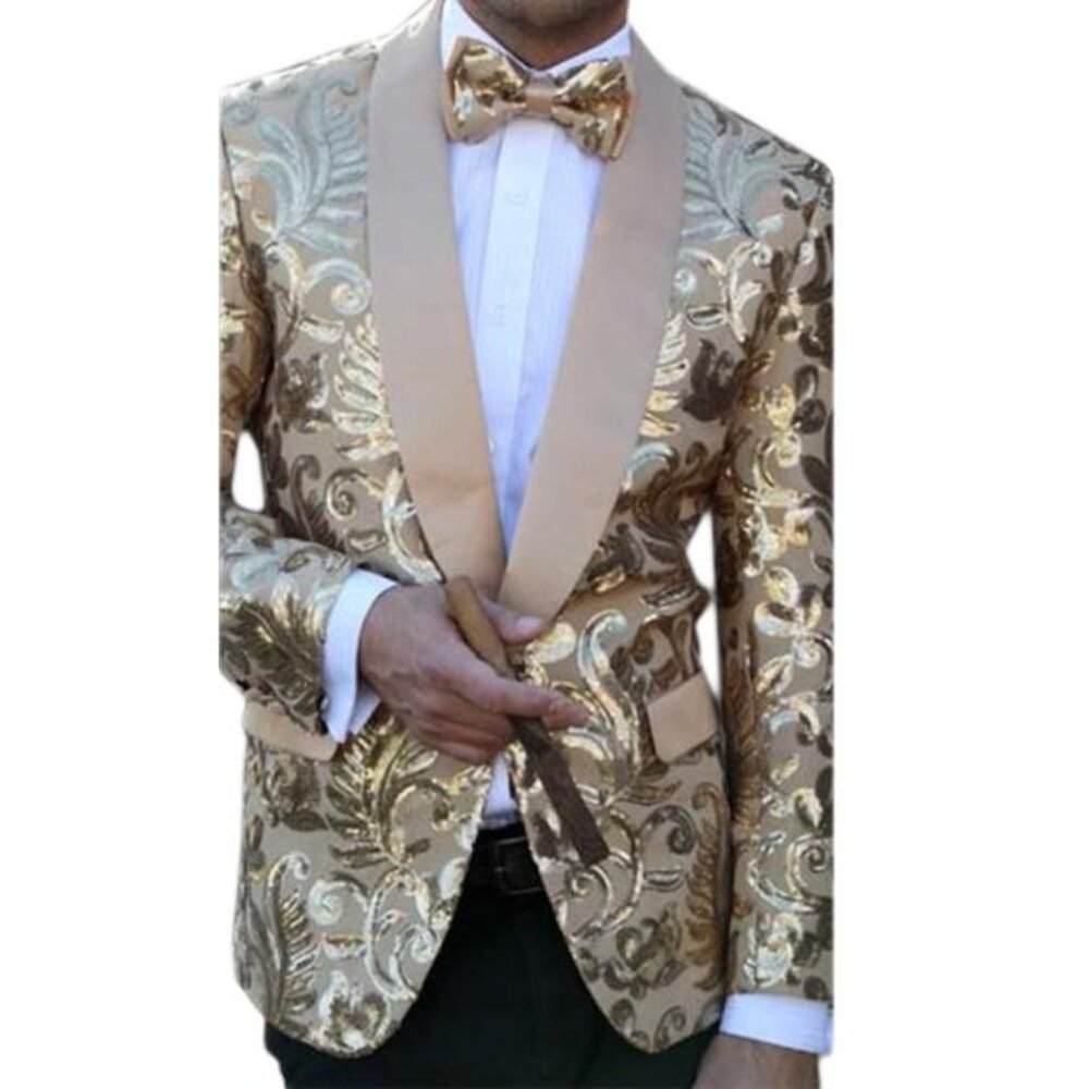 NWT Alberto Nardoni Men's Gold Sequin Blazer Shawl Collar Satin Trim Sz S 232